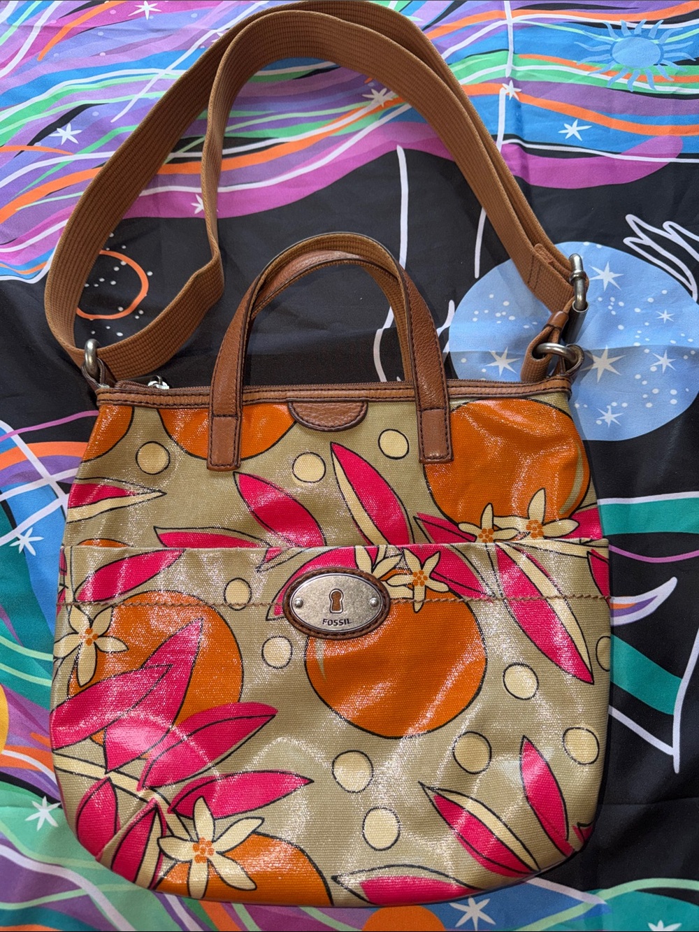 Fossil Pink and Orange Floral Shoulder Bag with Brown Handles